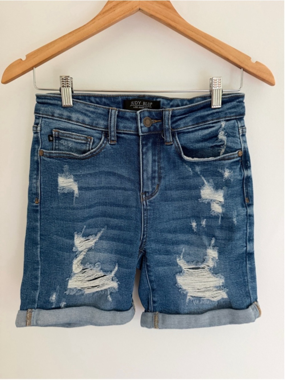 Judy Blue Mid Thigh Distressed Denim Shorts Cuffed S